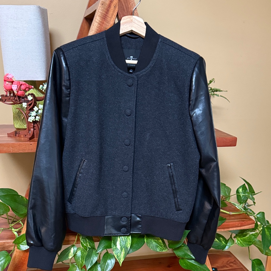 7 For All Mankind Black Varsity Jacket With Leather Sleeves
